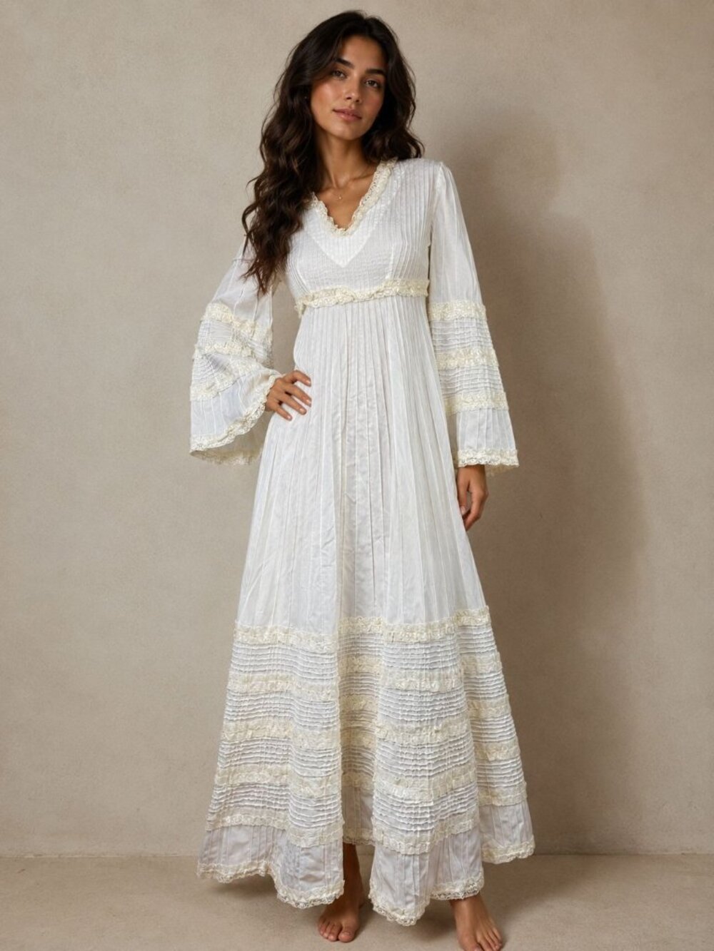 VTG 70s Tachi Castillo Ivory Prairie Maxi Dress Lace Pintuck Bell Sleeve Boho